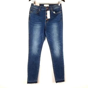 Harper Heritage Skinny Button Fly High Rise Jeans with Stretch Denim Raw Hem 28